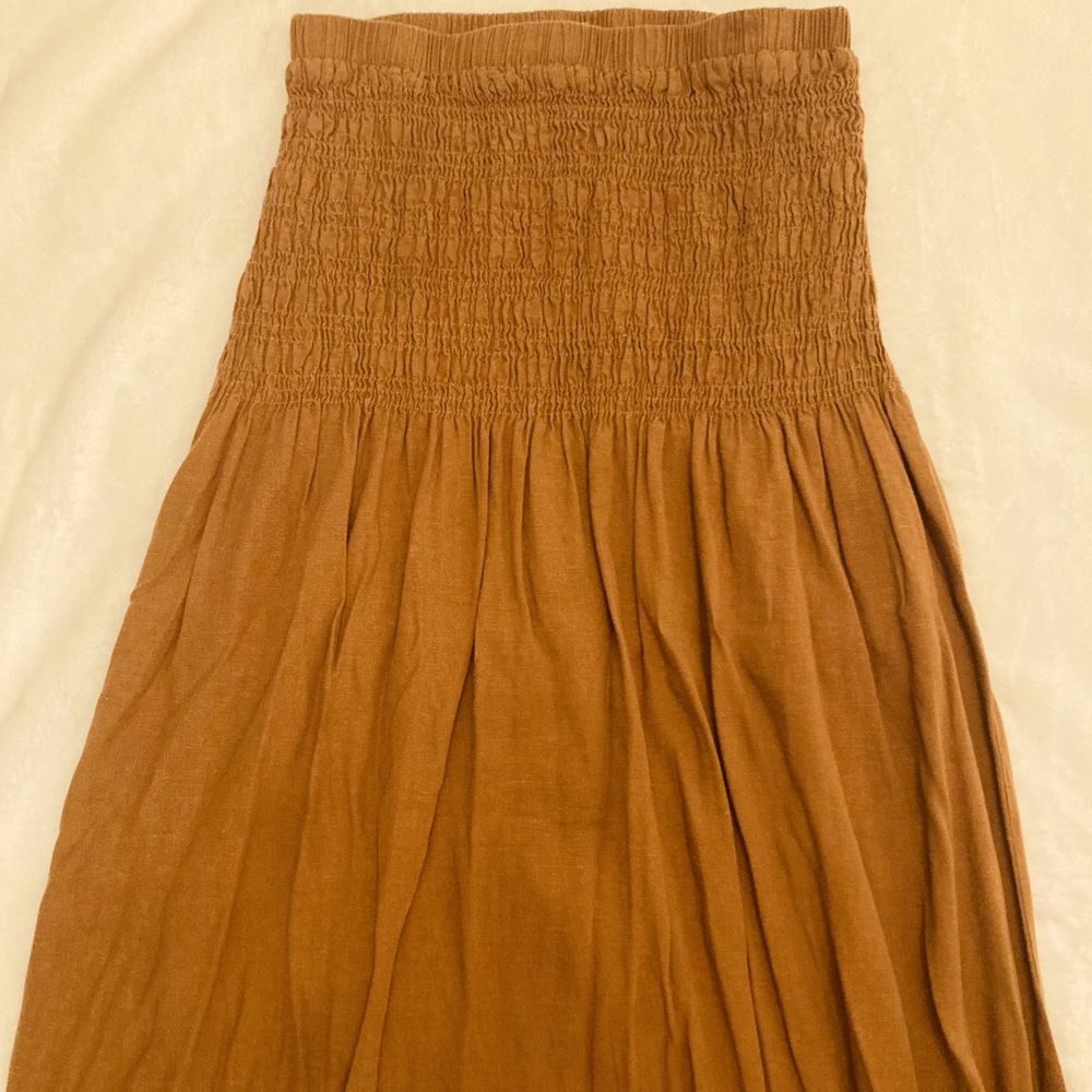 Brown Linen Blend Strapless Dress